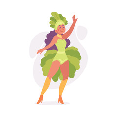 Woman Character Dressed in Carnival and Party Outfit with Bright Feathers Vector Illustration