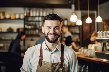Fototapeta premium Portrait of a happy and smiling waiter, or small business owner in the coffee shop. 