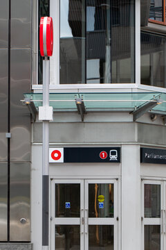 Ottawa, Canada - May 19, 2023: Entrance to Parliament O-Train station. OC Transpo Light Rail Transit