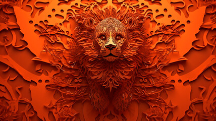 Dark orange paper with intricate patterns, tarot card, Mandelbulb fractal lion

