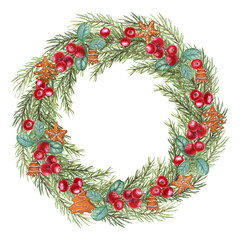 Winter wreath of Spruce Branch, Gingerbread Cookies, Cranberry isolated on transparent background. Watercolor illustration for greetings, Christmas and New Year cards. Copy space for text