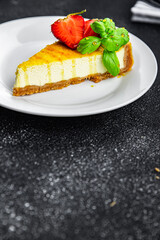 cheesecake strawberries, basil sweet dessert fresh pastry meal food snack on the table copy space food background rustic top view