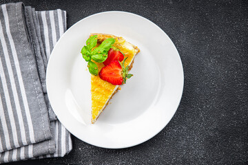 cheesecake strawberries, basil sweet dessert fresh pastry meal food snack on the table copy space food background rustic top view