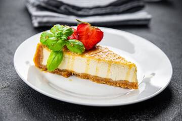 cheesecake strawberries, basil sweet dessert fresh pastry meal food snack on the table copy space food background rustic top view
