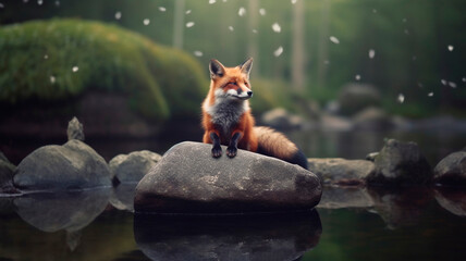 Intelligent Fox meditating on a pile of rocks in a serene pond

