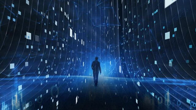 Businessman walks in digital cyberspace network. Back view of a man in dark blue futuristic landscape.