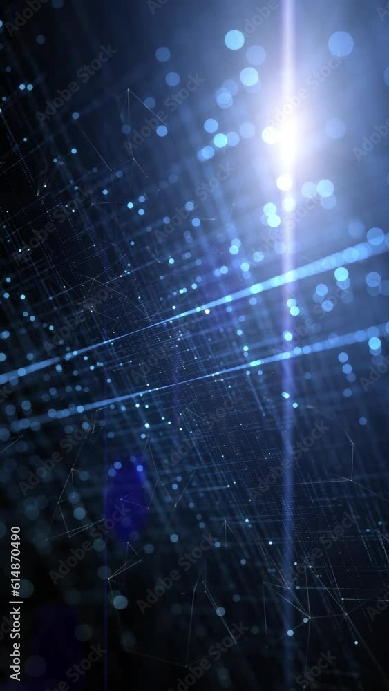 Poster digital shine blue cyberspace network lines dots vertical loop background.