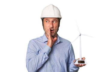 A middle-aged architect man holding a windmill model is saying a secret hot braking news and looking aside