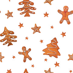 Fototapeta na wymiar Seamless pattern of watercolor Christmas gingerbread cookies isolated on transparent background. Illustration of gingerbread man, stars, spruce for room decor, print, textile design. Cozy home