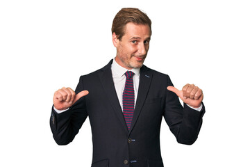 A middle-aged businessman isolated feels proud and self confident, example to follow.