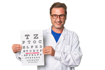 Experienced optometrist conducts eye exam with care, holding visual acuity test and prescription glasses.