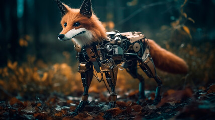 A natural photo of a robotic fox, elegant and mysterious

