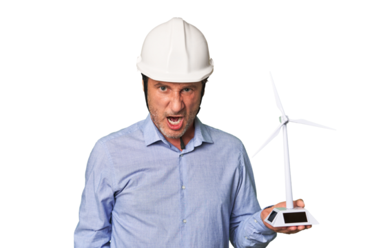 A middle-aged architect man holding a windmill model screaming very angry and aggressive.