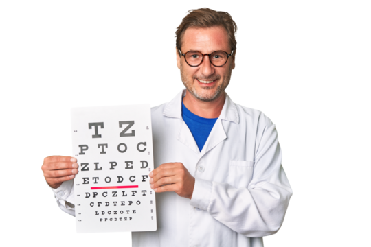 Experienced optometrist conducts eye exam with care, holding visual acuity test and prescription glasses.