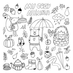 Isolated vector fall elements for coloring book or stickers.Autumn doodles.Hand drawn set of sketches: bear,hedgehog,fox,pumpkins with leaves, berries.Skarf,socks,boots.Hot tea pot and cup,mug