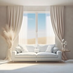 Interior of living room with big white sofa, photo realistic illustration, generative ai