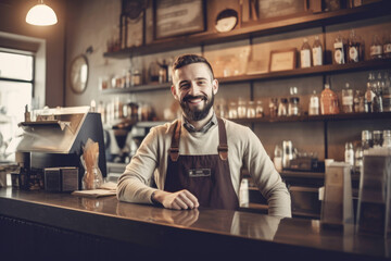 Fototapeta premium Portrait of a happy and smiling waiter, or small business owner in the coffee shop. 