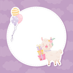 Empty Card with Cute Fluffy Llama or Alpaca Character Vector Template