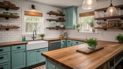 Interior design of Kitchen in Farmhouse style with Farmhouse Sink decorated with Butcher Block Countertops material. Traditional architecture. Generative AI AIG24.