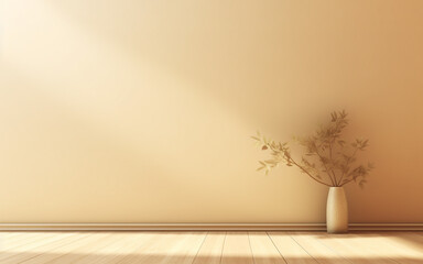 Empty room with beige wall and wooden floor and a vase, soft reflections, Generative AI