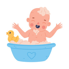 Cute Little Baby or Infant Bathing in Basin with Foam and Rubber Duck Vector Illustration