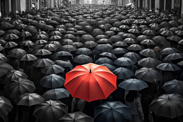 A unique red umbrella stands out amongst a sea of black ones on a bustling city street on a rainy day, symbolizing individuality and non-conformity in the crowd.