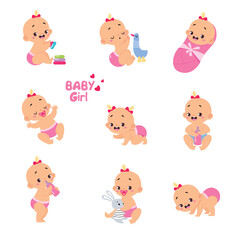 Cute Little Baby Girl or Infant in Diaper Vector Set