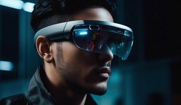  AI-generated image of Augmented Reality, Future Gaming and Digital Entertainment. Teenager with VR virtual reality glasses, cyberspace, sport, game, 3D metaverse, digital world.