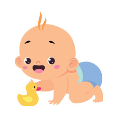Cute Little Baby Boy or Infant in Blue Diaper Playing with Rubber Duck Vector Illustration