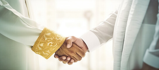 Arab Business handshake and business people on city background	