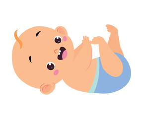 Cute Little Baby Boy or Infant in Blue Diaper Lying on His Back Vector Illustration