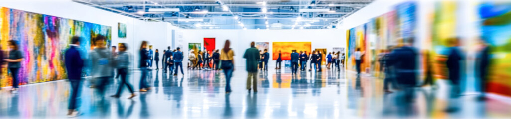 blurred business people walking at a trade fair, conference or walking in a modern hall. Blurred image visitors at the lobby of museum