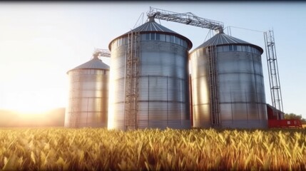 a Silos tower behind a golden wheat field under a summer blue clear sky. Banner, advertising, promotion. Generative AI