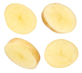 Raw vegetables. Potato wedges with peel isolated on white background. The concept of not healthy eating or obesity from potatoes. To be inserted into a design or project.