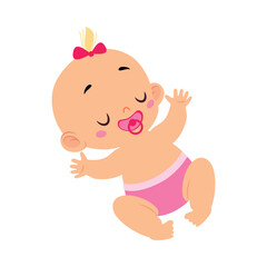 Cute Little Baby Girl or Infant in Pink Diaper Lying with Pacifier Vector Illustration