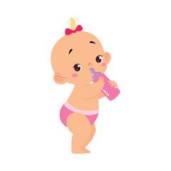 Cute Little Baby Girl or Infant in Pink Diaper Drink Milk from Bottle Vector Illustration
