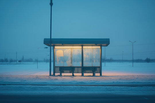 Bus stop at night with neon lights