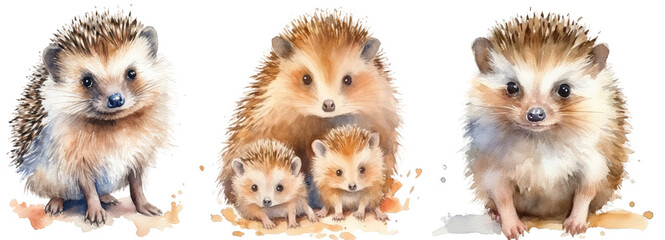 Collection Three Watercolour Paintings Hedgehogs