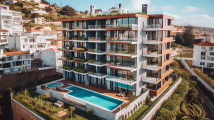 Modern residential building with pool on Madeira - 614874473