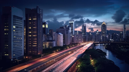 Fototapeta na wymiar Metropolis in twilight, highway with car trails along river and skyscrapers
