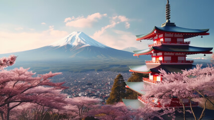 Cherry blossoms in Kyoto, japanese landscape witn mount Fuji