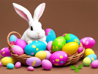 Happy bunny rabbits with easter eggs, Generative AI Illustration.