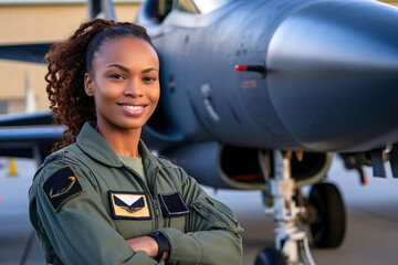 Military fighter jet woman pilot portrait, African American, copyspace. Fictitious badges/insignia. Generative AI