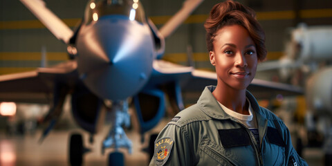 Military fighter jet woman pilot portrait, African American, copyspace. Fictitious badges/insignia. Generative AI - obrazy, fototapety, plakaty