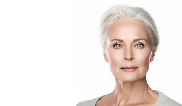 Illustration, AI generation, Senior beautiful blond woman with perfect skin. Cosmetology.