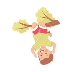 Little Boy Hanging on Tree Branch and Show Grimace Having Bad Behavior Vector Illustration