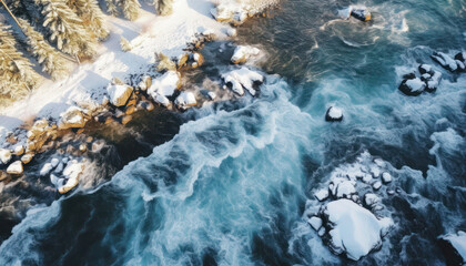 Arctic Waves and Foamy Sea on Icy Coastal Waters Aerial  Top View Drone Shot