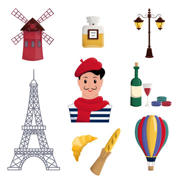 Design elements Travel to France. Set of illustrations Paris tourist attractions. Vector cartoon isolated picture set.