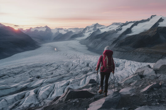 hiker on the top of mountain with glacier in the background