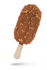 Ice cream on a stick, on a white isolated background. Ice cream covered with caramel chocolate with nuts. Ice cream scoop isolate for inserting into a design or project.